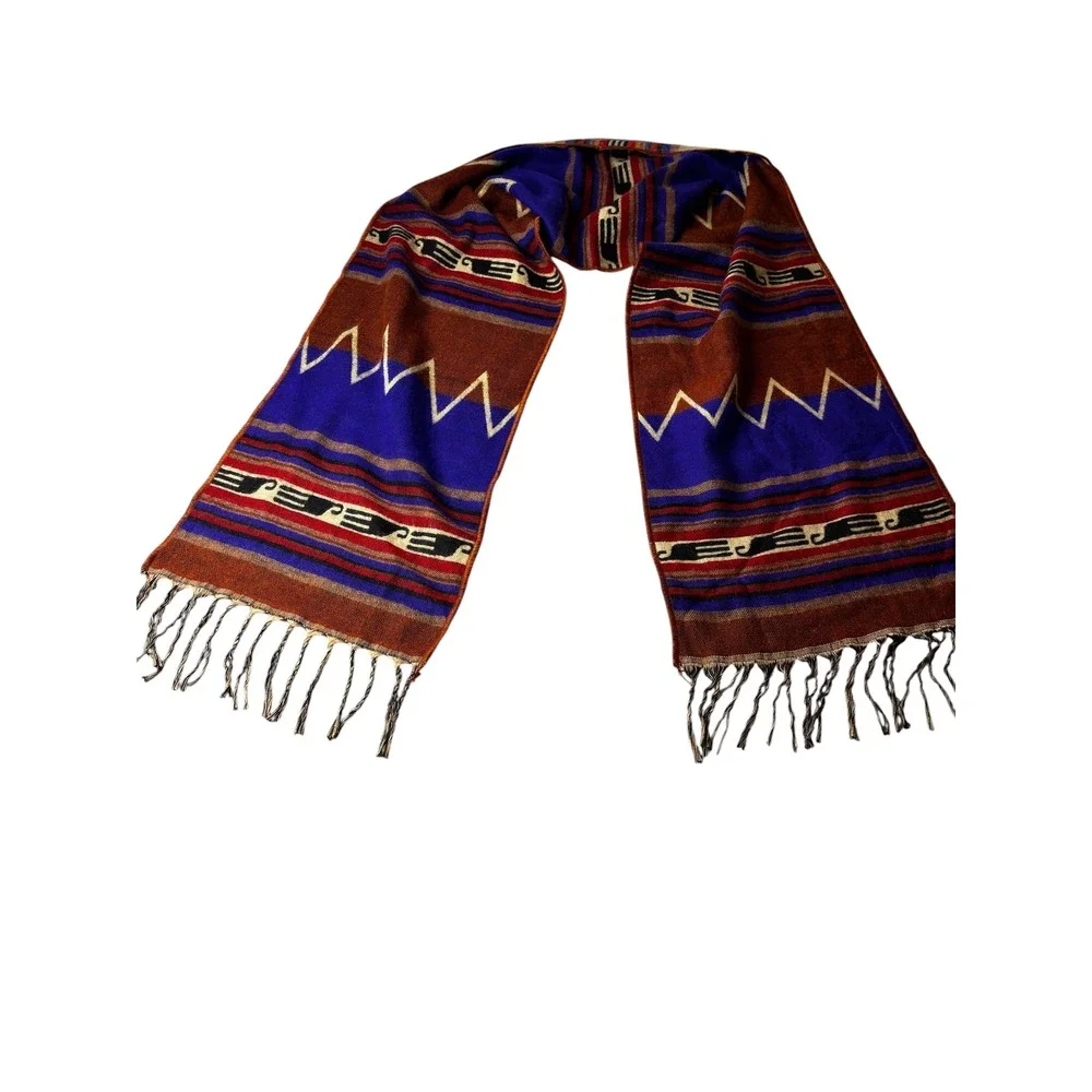 Saddleblanket Co Southwestern Geometric Fringed Scarf Blue Rust Orange Tribal